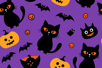 Cute Black Cat Seamless Halloween Vector Pattern