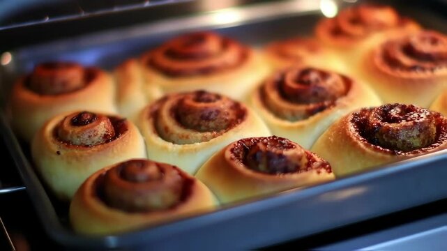 Cinnamon rolls baked making process in the oven