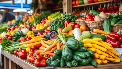 Colorful assortment of fresh vegetables on a wooden stall, showcasing natural abundance.