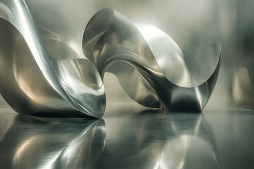 Abstract metallic sculpture exhibits flowing curves and subtle reflections on polished floor, creating modern artistic scene.