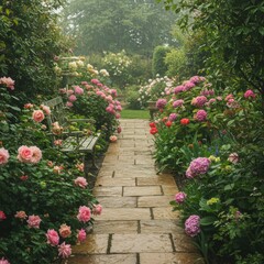 Obraz premium Misty Rose Garden Path with Pink and Red Blooms
