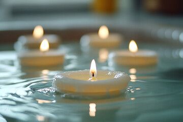 Floating candles softly illuminate clear water creating a calming atmosphere of relaxation and tranquility for a peaceful spa experience.