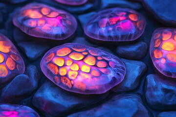 Glowing cells shimmer in a vibrant array of purple, orange, and blue hues over a dark stone surface.