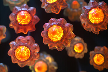 Glowing flower lights illuminate a dark background, creating a warm, abstract design with a decorative pattern.
