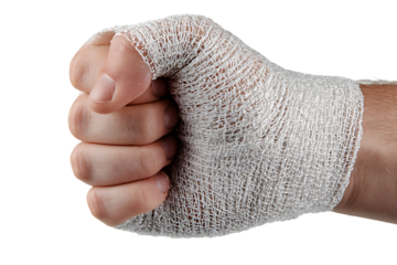 Close up of a hand wrapped in a white bandage.