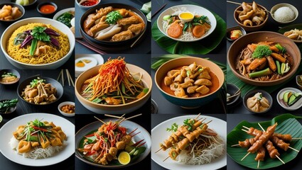 "Asian Food Collage with Noodles, Rice, and Skewers" A colorful mix of Asian cuisine featuring noodle bowls, rice plates, grilled skewers, and garnishes in a vibrant top-view layout.