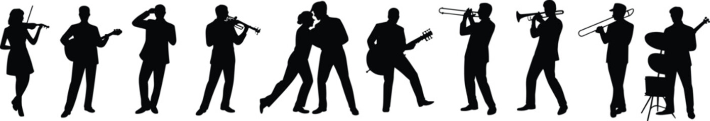 silhouettes of musicians playing instruments, dancing couples, jazz performance, artistic concept, black and white design, creative entertainment scene