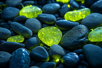 Polished rocks and glowing pebbles present a luminous mineral and geological specimen, an attractive rock collection.