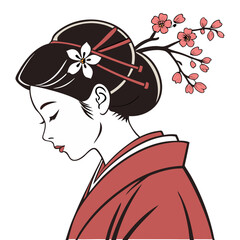 Japanese Girl in Red Kimono with Cherry Blossom Hairpin Vector Illustration. Perfect for: Hinamatsuri (Girls’ Day), Japanese New Year, Cherry Blossom Festival