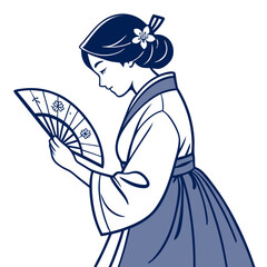 Korean Girl in Blue Hanbok Holding Flower Fan Vector Illustration. Perfect for: Chuseok, Seollal (Korean New Year), Korean Culture Day