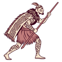 Māori Warrior in Tribal Dress with Facial Tattoos Vector Art. Perfect for: Waitangi Day, Māori Language Week, Cultural Awareness Events