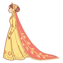 Malay Bride in Traditional Wedding Dress Elegant Vector Style. Perfect for: Malaysian Wedding, Hari Raya Aidilfitri, Bridal Magazines
