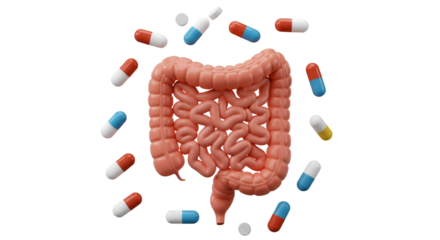 3d Illustration of Colon Intestines Surrounded by Medical Capsules on Transparent