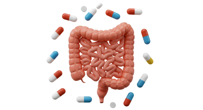 3d Illustration of Colon Intestines Surrounded by Medical Capsules on Transparent