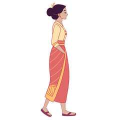 Thai Woman in Elegant Traditional Dress Vector Art. Perfect for: Songkran Festival, Loy Krathong, Thai Cultural Day