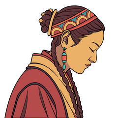 Tibetan Woman in Traditional Costume with Braided Hair Ornaments Vector. Perfect for: Tibetan New Year (Losar), Himalayan Cultural Festivals