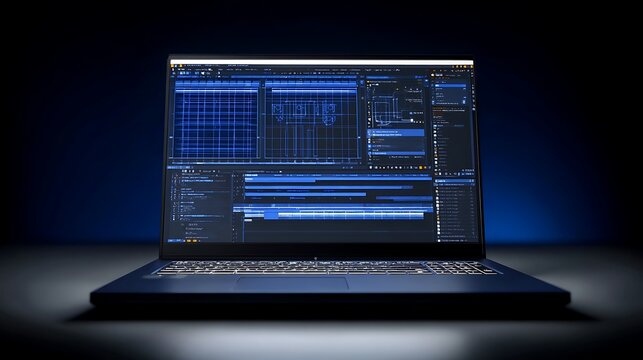 Laptop displaying complex software applications.
