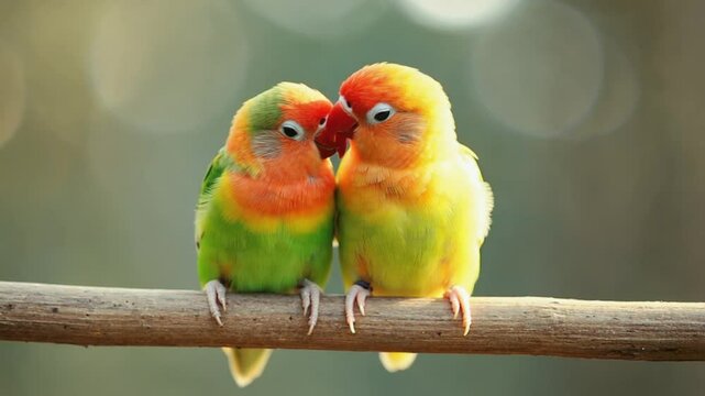 Pair of colorful tropical birds on branch