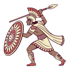 Aztec Warrior in Traditional Costume with Shield Vector Illustration. Perfect for: Día de la Raza, Aztec History Exhibitions, Indigenous Culture Day