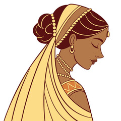 Indian Bride in Golden Saree with Traditional Jewelry Vector Illustration. Perfect for: Indian Wedding, Diwali, Karva Chauth