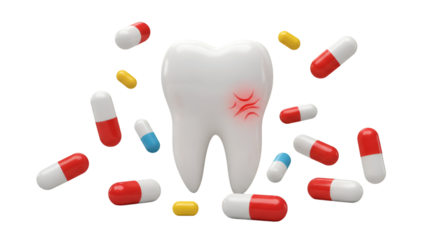 3d Illustration Tooth Pain With Colorful Medicine Pills on Transparent BG