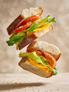 Deliciously crafted sandwiches suspended in mid-air, showcasing fresh ingredients and a delightful culinary presentation