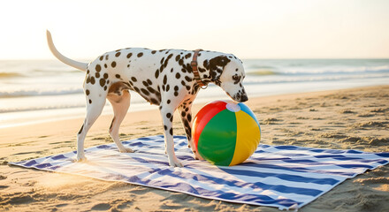 Dalmatian Dog with Beach Ball on Beach