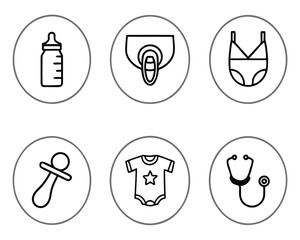 Simple black line illustrations representing baby essentials and care items within circular frames.