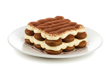 Delicious layered tiramisu dessert with creamy mascarpone and cocoa powder on a white plate