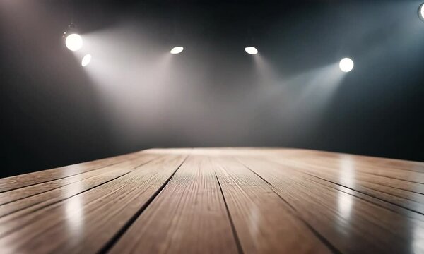 Empty stage with spotlights illuminates the dark wooden parquet floor of an indoor room, highlighting its blank texture and vintage design
