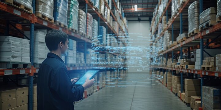 Warehouse worker using technology for inventory management and tracking.