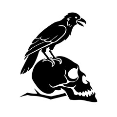 Black bird sitting on a dry branch skull Vector