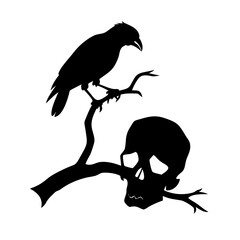 Black bird sitting on a dry branch skull Vector