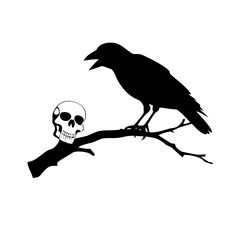 Black bird sitting on a dry branch skull Vector