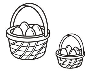 Vector illustration of two wicker baskets filled with white easter eggs in outline style.