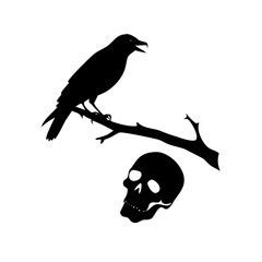 Black bird sitting on a dry branch skull Vector