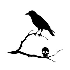 Black bird sitting on a dry branch skull Vector