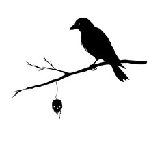 Black bird sitting on a dry branch skull Vector