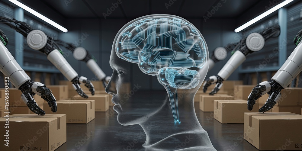 Poster digital brain with robotic arms in a warehouse setting.
