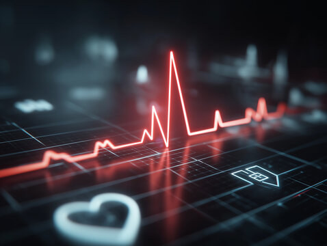 A vibrant red electrocardiogram displaying a healthy heartbeat, accompanied by a faint heart icon, on a futuristic, glowing grid background