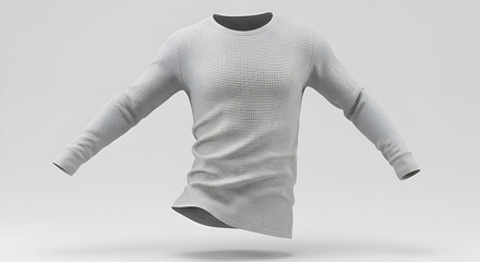 Isolated White Waffle Textured Long-Sleeved Shirt Against a Plain Background