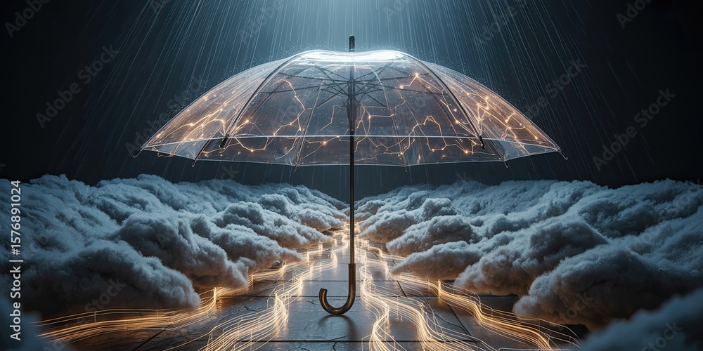 Poster illuminated umbrella over clouds with rain and light effects.
