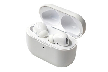 Wireless earbuds rest inside a charging case