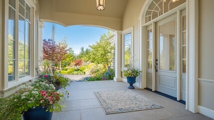 Fototapeta premium Grand entrance of a luxury house with a serene outdoor landscape, embodying elegance and tranquility. 