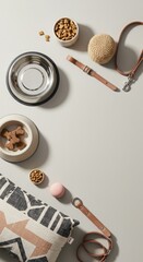 modern pet products lay flat, minimal modern composition, unique corner or copy space, soft light,