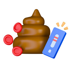 Fecal occult blood test 3d illustration. Feces sample surrounded by rapid test kit with result shows positive and red blood cells.