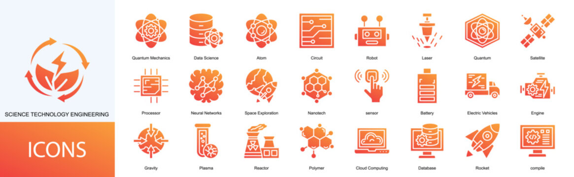 sciene technology engineering icon collection set. Containing Quantum Mechanics, Data Science, Atom, Circuit, Robot, Laser, Quantum, Satellite, Processor icon