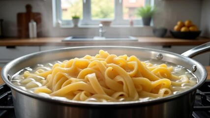 Fresh tagliatelle pasta boiling gently in a pot on the stove, showcasing simple, delicious Italian cuisine preparation in a bright kitchen. - Powered by Adobe