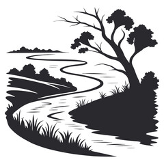 Serene river landscape art featuring a winding waterway with stylized tree, perfect for nature-themed graphic design projects