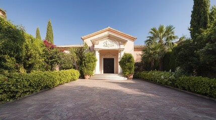 Grand entrance of a luxury house with a serene outdoor landscape, embodying elegance and tranquility.
